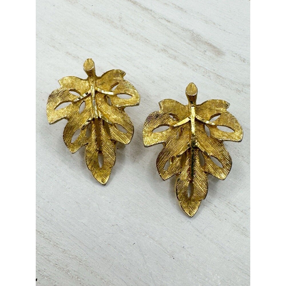 Vintage BSK Signed Etched Goldtone Maple Leaf Clip Earrings MCM Mid Century